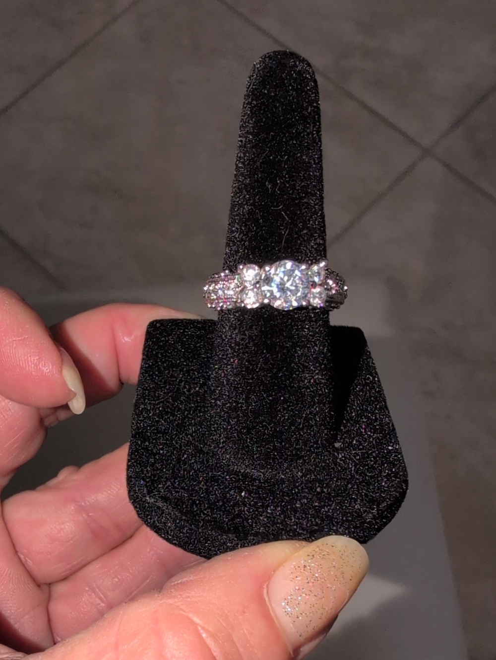 Three-Stone Sparkling Cubic Zirconia Ring in Silver Tone Setting.  New